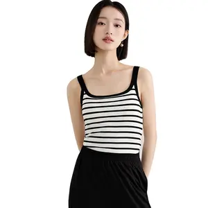 Summer Ladies Vest Black White Striped Womens Padded Tank Tops Sleeveless Crop Top for Women