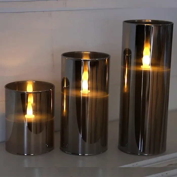 Grey Glass LED Candles with Moving Flame Battery Operated Flickering Candle