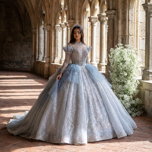 Robe de mariée modeste à manches longues avec appliques de perles et de diamants, design moderne, bleu poussière, robes de bal Xs001 pour - Product Image 1