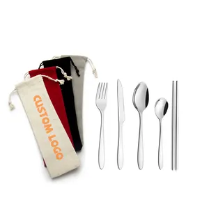 사용자 정의 로고 재사용 나이프 스푼 포크 젓가락 짚 휴대용 캠핑 여행 스테인레스 스틸 칼 세트 케이스