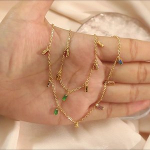 Haimi <strong>Boho</strong> Style 18K Gold Plated Stainless Steel <strong>Necklace</strong> for Women Rectangle Geometric Pattern Colorful Zircon Charm Link Chain - Product Image 2