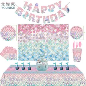 Ensemble de fête d'anniversaire sirène, nappe rose à écailles de poisson, décoration de table jetable pour enfants de 2 à 4 ans - Product Image 4