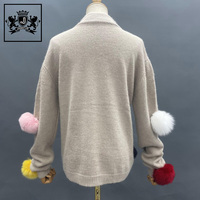 Janefur en stock printemps automne hiver tricoté boules de fourrure de renard pull en laine mode femmes amovible coloré boule de fourrure pull