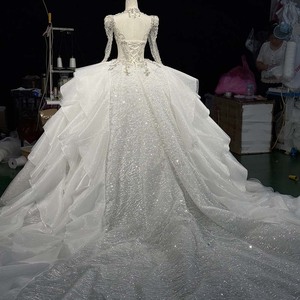 Hz011 Impresionante Vestido de Novia de Tul con Lentejuelas y Cristales Blancos Plateados, Estilo Halter con Volantes en Capas, Jancember - Product Image 3