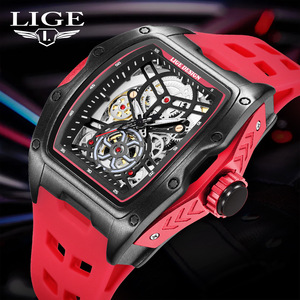 LIGE Skeleton Tonneau นาฬิกาข้อมือผู้ชาย ตัวเรือนสแตนเลส 5BAR กันน้ำ สายซิลิโคน ดีไซน์แบบโปร่ง สีแดง สีดำ - Product Image 1