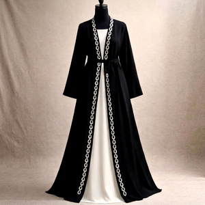 Abaya noire longue jusqu'au sol avec bordure perlée blanche, robe modeste à manches longues pour femmes, tenue de prière toutes saisons - Product Image 1