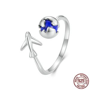 Anello Aperto in Argento Sterling 925 Originale con Lapislazzuli, Anello Romantico da Viaggio Globale con Aeroplano per Uomo e Donna - Product Image 1