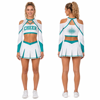 Uniforme de Porristas Personalizado, Blanco y Verde Azulado, con Pedrería, Cuello de Rejilla, Hombros Descubiertos, Espalda en X, Top Corto de Manga Larga y Falda Plisada