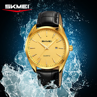 Montre Skmei 2490 pour homme, luxe, business, simple, mode, cuir véritable, mouvement à quartz or argent, verre à aiguilles 43,7 mm, 3 ATM