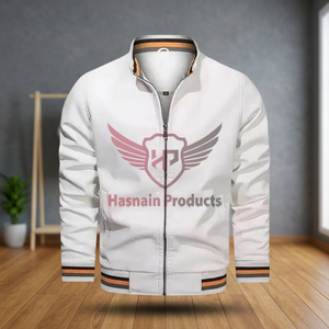 Classic Bomber Leather <b>Jacket</b> for <b>Men</b>: Fashionable Casual Windbreaker in <b>White</b> and Black Colours Stand Collar Slim Fit Genuine - Product Image 3