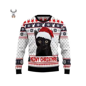 Custom Manufacturer Merry Funny With All Over Ugly Design Cat Pattern Acrylic Wool Men Christmas Jumper Sweaters