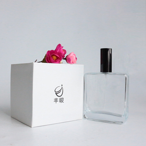 FENGJUN Flacon de parfum en verre transparent de forme carrée de haute qualité de 100 ml avec impression sérigraphique, couvercle en métal et boîte cadeau incluse - Product Image 1