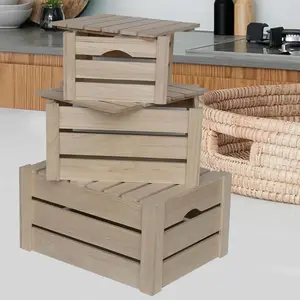 木製パインボックス装飾用木箱手穴と蓋付き未塗装木製収納ビン家庭用
