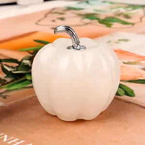 2-Inch White Jade Halloween Pumpkin Natural Crystal Gemstone Hand-Carved Model for Chakra Healing Reiki Home Decor