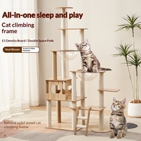 Arbre à chat de luxe en bois de style japonais, grand, à six niveaux, structure d'escalade toutes saisons, plateforme de saut pour chat avec deux couchages en forme de capsule