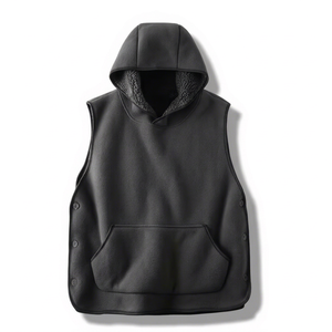 Gilet à capuche noir pour homme, doublure polaire sherpa, pull sans manches, coupe ample, boutons latéraux, avec poches, chaud pour l'hiver - Product Image 1