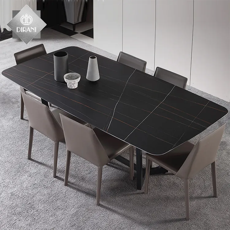 Di lusso unico cucina tavoli da pranzo rettangolare a forma di quadrato marmo artificiale top 6 posti gamba in acciaio ardesia tavolo da pranzo