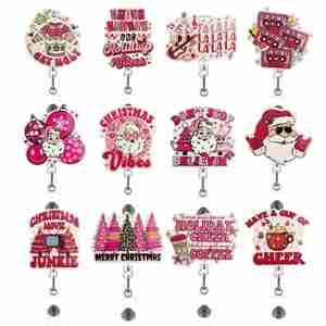 Porte-badge de Noël rose avec clip rétractable, joli porte-carte d'identité en acrylique pour infirmières, enseignants, accessoire de travail festif, vente en gros - Product Image 1