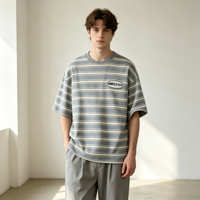 T-shirts rayés AMLClever pour hommes, 350 g/m², noir et blanc, coupe décontractée, coton et polyester, unisexe, pour impression DTG DTF, logo personnalisé, OEM