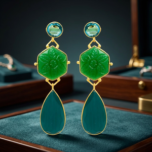 Nouvelles boucles d'oreilles ethniques en laiton plaqué or avec pierres précieuses en onyx vert teinté émeraude, faites à la main, cadeau - Product Image 2