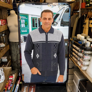 Cardigan tricoté d'hiver géométrique pour homme avec col en tricot épais et poches avant en polyester/coton - Product Image 5