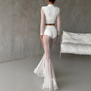 Femmes décontracté Patchwork plissé évasé pantalon Perspective maille mince pantalon nouveau 2025 été élastique taille haute Club pantalons longs - Product Image 4