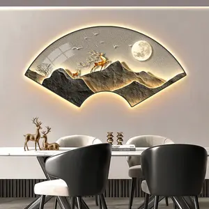 100*50CM Light luxury circular sector landscape crystal porcelain modern glass wall painting with led home decor for living room