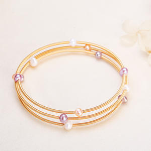14K <b>Gold</b>-Plated Freshwater Pearl Three-Layer <b>Bracelet</b> Adjustable Mixed Color 5-6mm Elastic <b>Beaded</b> Fashion Jewelry - Product Image 2