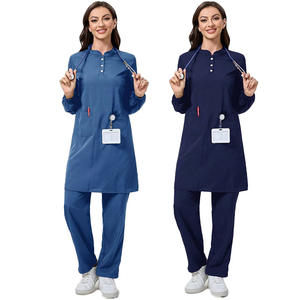 Para <span class=keywords><strong>SHEIN</strong></span> TaskFit 2 uds azul Color sólido minimalista enfermería Scrub uniforme conjunto botón frontal <span class=keywords><strong>manga</strong></span> <span class=keywords><strong>larga</strong></span> Hospital Doctor camisa - Product Image 1