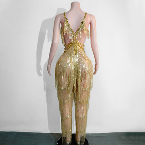 Traje de Lentejuelas Doradas Brillantes con Flecos y Borlas para Mujer, Disfraz para Baile Latino, Samba, Carnaval, Espectáculo de Vegas, Actuación en Escenario - Product Image 3
