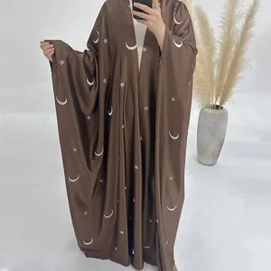 阿巴亚2024伊斯兰服装缎子开放阿巴亚开衫刺绣月亮和星星迪拜阿巴亚女性穆斯林服装