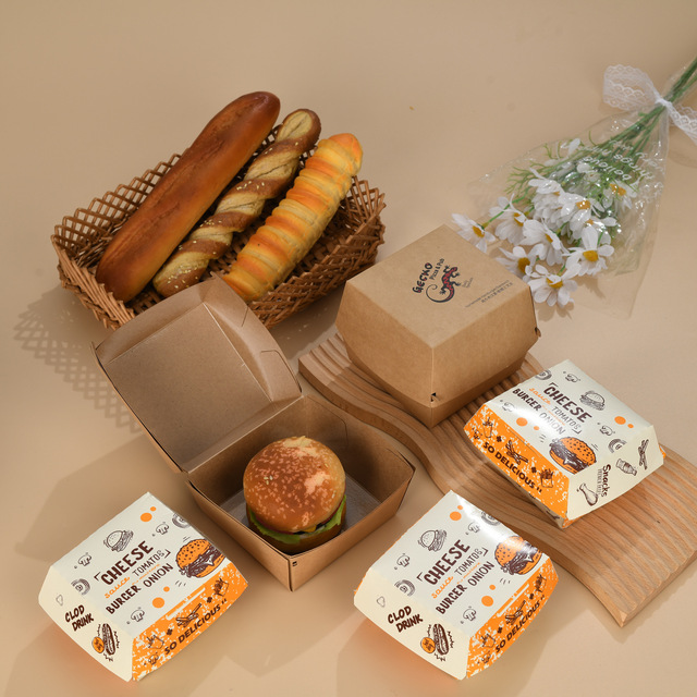 Food Grade Custom Logo Ready Fold Free Coated Oil Resistant Kraft Paper Burger Takeout Bakery Packing Box