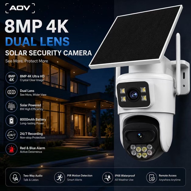 Wistino 4K Dual Lens Solar Wifi Camera Home Security 365 Days Online Recording Motion Detection Alarm 4G Aov Solar Camera