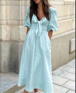 Nuovo Design <span class=keywords><strong>Abito</strong></span> Lungo Boho da Donna <span class=keywords><strong>Azzurro</strong></span> con Scollo a V, Maniche a Sbuffo, Laccio Frontale e Vita Arricciata, Vestito Casual - Product Image 4