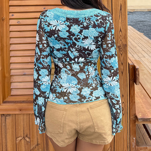 Retro Print Patchwork Lace <b>V</b> <b>Neck</b> Knit Top, Flare Sleeve Long Sleeve <b>Women's</b> <b>T</b> <b>Shirt</b>, Y2K Vintage Casual Fashion - Product Image 2