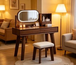Premium Walnut Dressing <b>Table</b> Set Adjustable Oval LED <b>Mirror</b> Side Open Storage Cabinet Makeup <b>Vanity</b> With Stool - Product Image 6