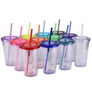 Custom Logo 16oz 24oz Clear Reusable Cup Pastel Colored Double Wall Acrylic Plastic Water Tumblers With Lid And Straw