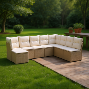 Ensemble de canapés de jardin modulaires en rotin beige, meubles d'extérieur confortables, design contemporain, coussins en mousse haute densité - Product Image 2
