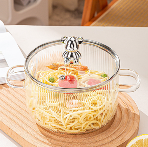 หม้อแก้วใสพร้อมหูจับคู่ ฝาปิดลายหมีน่ารัก หม้อสุขภาพลายทาง ใช้กับเตาไฟฟ้าได้ ปลอดภัยสำหรับทำบะหมี่และนม - Product Image 3