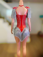 Sagittaire Full Diamond Mesh Serré Et Sexy Low Cut One-Piece Fringe Discothèque Bar Chanteur DJ Invité Gogo Performance Costume