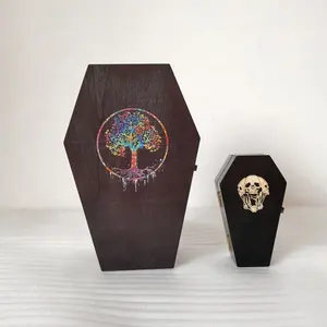 ハロウィンパーティーギフト用のロック可能なラッチ付きのクリエイティブなカスタムダークブラウンUV印刷木製棺形スタッシュパッキングボックス