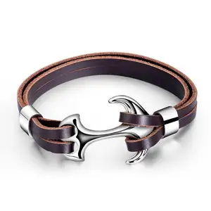 Wholesale Custom Logo Fashionable Man Jewelry Stainless Steel Hook Anchor Men's Real Genuine Leather Bracelets Great Gift