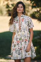 Robe mini d'été pour femme, personnalisée OEM, style boutique, col à volants, manches courtes, boutonnée, imprimé floral, volants superposés