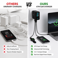 Chargeur de téléphone rapide 67W GaN multi-ports avec affichage numérique de la puissance en temps réel, adaptateur super rapide 2C1A pour téléphone portable