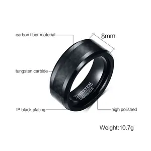 Anillo 8mm hombres anillo de carburo de tungsteno negro fibra de carbono incrustación boda hombres joyería anillos