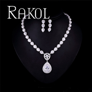 RAKOL SP113, collar y pendientes de cristal de circón en forma de lágrima grande de estilo simple, conjunto de joyería para mujer - Product Image 1