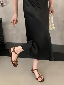 Niche Elegant Single Band Wedge <b>Sandals</b> Women Vintage square Toe Roman <b>Sandals</b> fairy Design Suitable for Summer Dress - Product Image 2