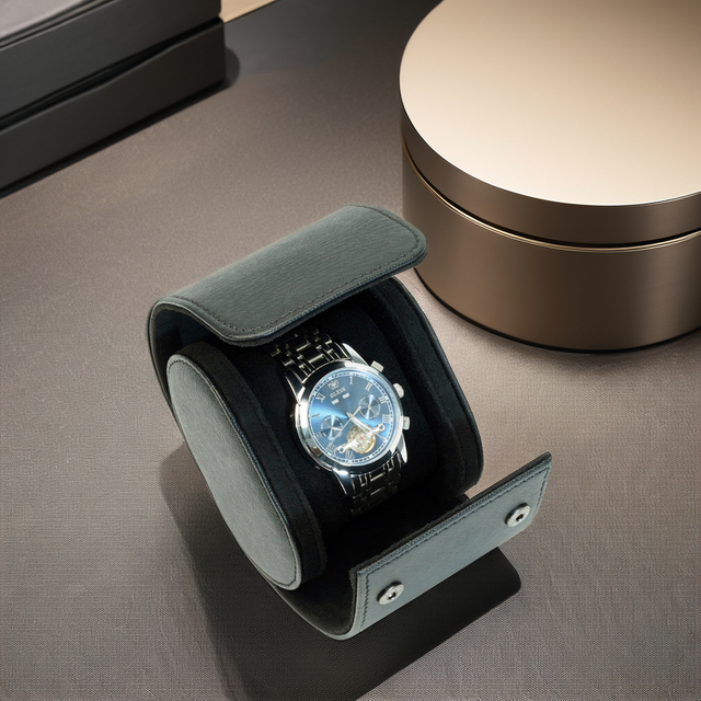 Compact Premium Single Black PU Leather Watch Roll Case Snap-Button Design for Travel & Storage