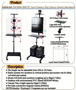 Chariot de poste de travail d'ordinateur mobile avec supports TV VESA 50/75/100 Support de moniteur 8kg Taille d'écran 15-32" - Product Image 2