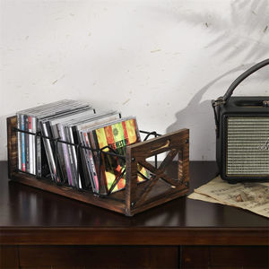 Rustikales Massivholz-Bauwerk Schwarzmetalldraht Bauernhaus industrielles Vinyl-<span class=keywords><strong>DVD</strong></span>-Aufbewahrungsregal mit Griffen CD-Aufbewahrungshalter - Product Image 3